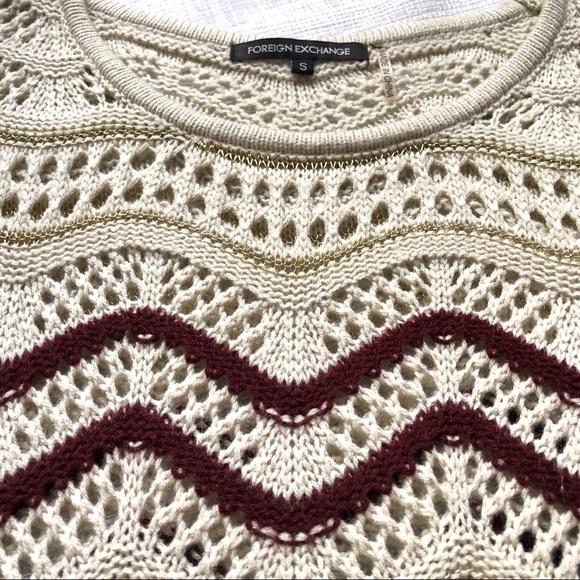 🛍️ 3/$20 Foreign Exchange Cream / Maroon Wavy Open Knit Sweater Size Small - Picture 6 of 7